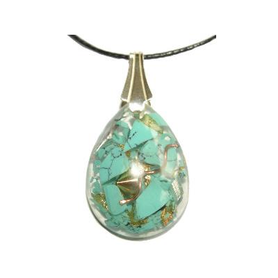 Pendentif Orgonite Goutte 30x20 mm Howlite bleue et Feuilles d'Or Bélière Argent 925 Pièce Unique N°HOW-925-1