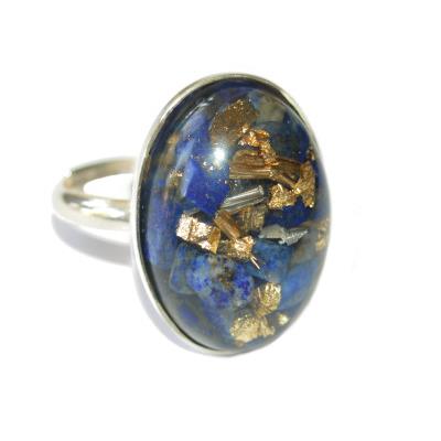 Bague Orgonite Cabochon Ovale 25x18 mm Lapis Lazuli et Feuilles d'Or Support Argent 925 Pièce Unique N° BOA-LAPIS-3