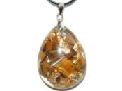 Pendentif Orgonite Goutte 30x20 mm Oeil de tigre et Feuilles d'Or Bélière Argent 925 Pièce Unique N°TIG-925-4