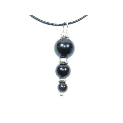 Pendentif Pierres Boules en Agate Noire Perles Argent 925