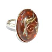 Bague Orgonite Cabochon Ovale 25x18 mm Ambre et Feuilles d'Or Support Argent 925 Pièce Unique N° BOA-AMB