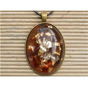 Orgonite Pendentif Cabochon Ovale 40x30 Chips d'Ambre et Feuilles d'Or Pièce Unique N°AMBORG4030-1