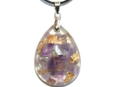 Pendentif Orgonite Goutte 30x20 mm Améthyste et Feuilles d'Or Bélière Argent 925 Pièce Unique N°AMETH-925-3