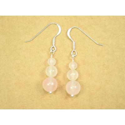 Quartz Rose Pendants d'Oreilles 3 Pierres Boules Sur Argent 925