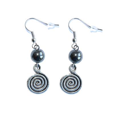 Boucles d'Oreilles Pierre Boule 8 mm en Hématite Spirale métal argenté