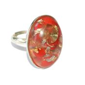 Bague Orgonite Cabochon Ovale 25x18 mm Corail et Feuilles d'Or Support Argent 925 Pièce Unique N° BOA-CORA