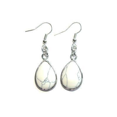 Boucles d'Oreilles Goutte Pierre en Howlite Blanche Cerclé