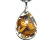Pendentif Orgonite Goutte 30x20 mm Oeil de Tigre et Feuilles d'Or Bélière Argent 925 Pièce Unique N°TIG-925-3