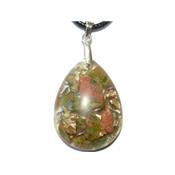 Pendentif Orgonite Goutte 30x20 mm Unakite et Feuilles d'Or Bélière Argent 925 Pièce Unique N°UNAK-925-1